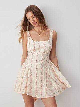 Woven Cotton Floral Square Neck Bowknot A-line Mini Dress  For Daily Casual Date