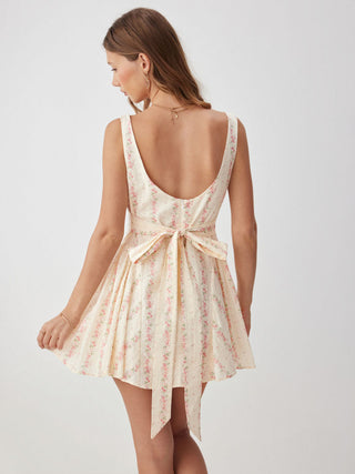 Woven Cotton Floral Square Neck Bowknot A-line Mini Dress  For Daily Casual Date