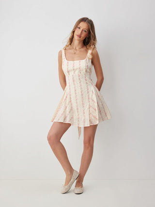 Woven Cotton Floral Square Neck Bowknot A-line Mini Dress  For Daily Casual Date