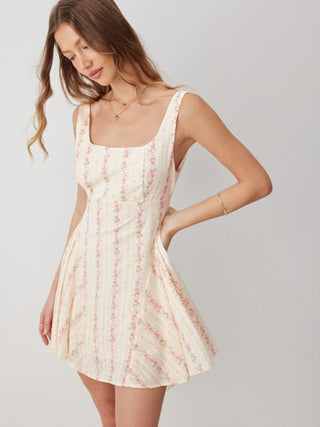 Woven Cotton Floral Square Neck Bowknot A-line Mini Dress  For Daily Casual Date