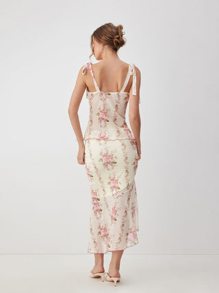 Mesh Mesh Floral Bowknot Cami Top & Mid Rise Maxi Skirt Set For Vacation
