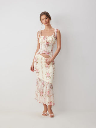 Mesh Mesh Floral Bowknot Cami Top & Mid Rise Maxi Skirt Set For Vacation
