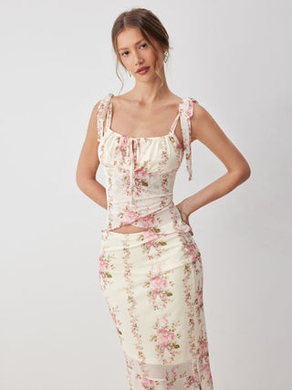 Mesh Mesh Floral Bowknot Cami Top & Mid Rise Maxi Skirt Set For Vacation