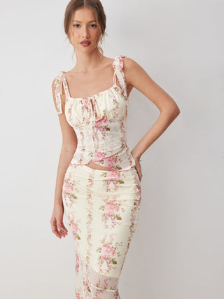 Mesh Mesh Floral Bowknot Cami Top & Mid Rise Maxi Skirt Set For Vacation