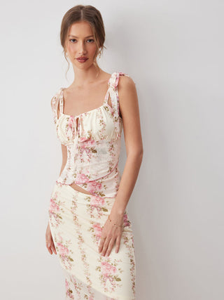 Mesh Mesh Floral Bowknot Cami Top & Mid Rise Maxi Skirt Set For Vacation