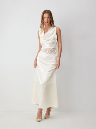 Satin Cowl Neck Lace Panel Top & Mid Rise Flared Maxi Skirt Set