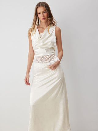 Satin Cowl Neck Lace Panel Top & Mid Rise Flared Maxi Skirt Set