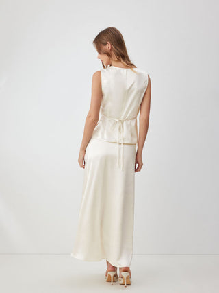 Satin Cowl Neck Lace Panel Top & Mid Rise Flared Maxi Skirt Set