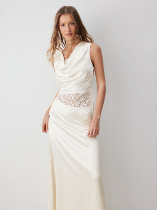 Satin Cowl Neck Lace Panel Top & Mid Rise Flared Maxi Skirt Set