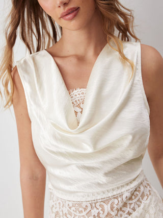 Satin Cowl Neck Lace Panel Top & Mid Rise Flared Maxi Skirt Set