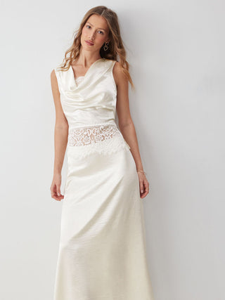 Satin Cowl Neck Lace Panel Top & Mid Rise Flared Maxi Skirt Set