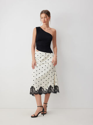 Satin Mid Rise Polka Dot Lace Trim A-line Midi Skirt