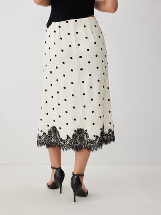 Satin Mid Rise Polka Dot Lace Trim A-line Midi Skirt