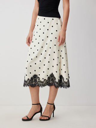 Satin Mid Rise Polka Dot Lace Trim A-line Midi Skirt