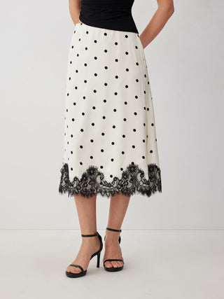 Satin Mid Rise Polka Dot Lace Trim A-line Midi Skirt