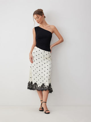 Satin Mid Rise Polka Dot Lace Trim A-line Midi Skirt