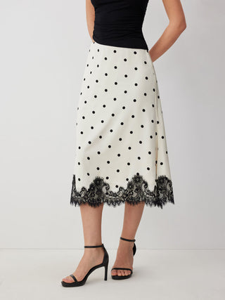 Satin Mid Rise Polka Dot Lace Trim A-line Midi Skirt