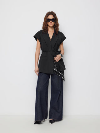Woven Collar Oversized Belted Sleeveless Blazer Vest For Daily Casual Work