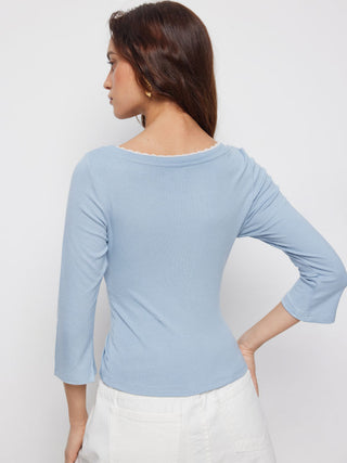 Viscose-blend V-neck Lace Panel 3/4 Long Sleeve Tee