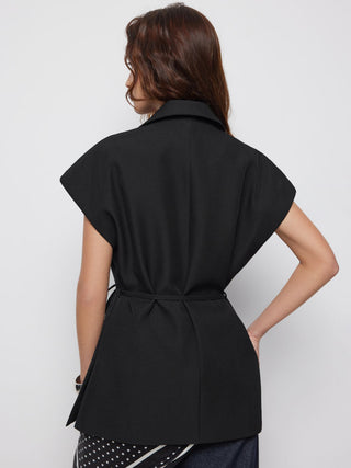Woven Collar Oversized Belted Sleeveless Blazer Vest For Daily Casual Work