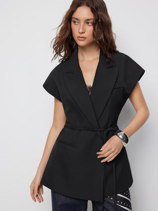 Woven Collar Oversized Belted Sleeveless Blazer Vest For Daily Casual Work