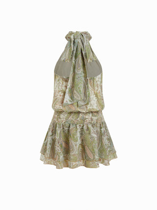 Chiffon Paisley Halter Neckline Shirred Layered Mini Dress