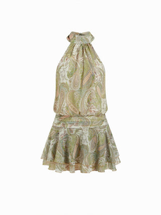 Chiffon Paisley Halter Neckline Shirred Layered Mini Dress