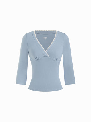 Viscose-blend V-neck Lace Panel 3/4 Long Sleeve Tee
