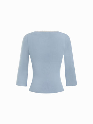 Viscose-blend V-neck Lace Panel 3/4 Long Sleeve Tee