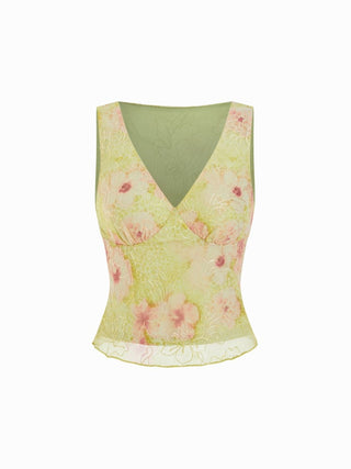 V-neck Floral Embroidery Sheer Tank Top