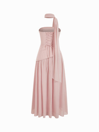 Chiffon Sculptural Halter Neckline Lace Up Maxi Bobycon Dress With Scarf
