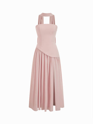 Chiffon Sculptural Halter Neckline Lace Up Maxi Bobycon Dress With Scarf
