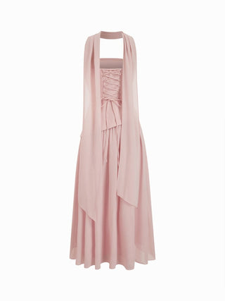 Chiffon Sculptural Halter Neckline Lace Up Maxi Bobycon Dress With Scarf