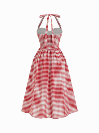Cotton-blend Sculptural Gingham Halter Neckline Shirred A-line Maxi Dress
