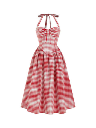Cotton-blend Sculptural Gingham Halter Neckline Shirred A-line Maxi Dress