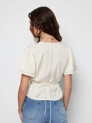 Woven Lace Trim V-Neck Drawstring Short Sleeve Blouse For Daily Casual