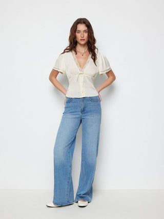 Woven Lace Trim V-Neck Drawstring Short Sleeve Blouse For Daily Casual
