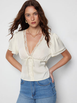 Woven Lace Trim V-Neck Drawstring Short Sleeve Blouse For Daily Casual