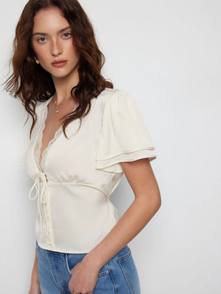 Woven Lace Trim V-Neck Drawstring Short Sleeve Blouse For Daily Casual