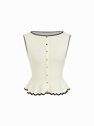 Knit Boat Neck Colorblock Ruffled Hem Metal Button Vest