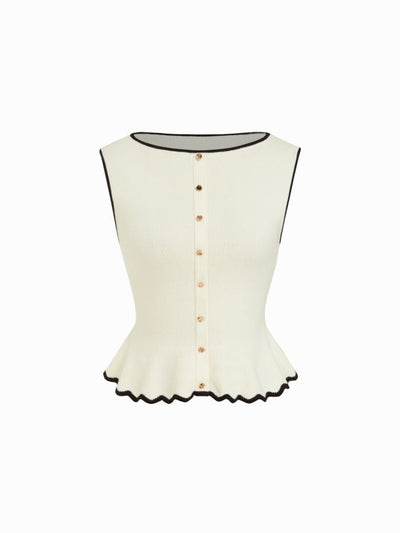 Knit Boat Neck Colorblock Ruffled Hem Metal Button Vest