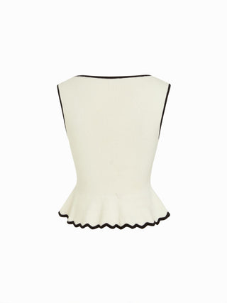 Knit Boat Neck Colorblock Ruffled Hem Metal Button Vest
