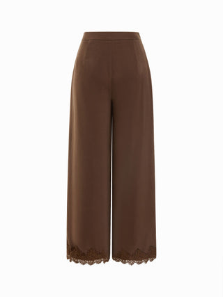 Satin V-Neck Lace Trim Wrap Top & Mid Rise Wide Leg Trousers Set