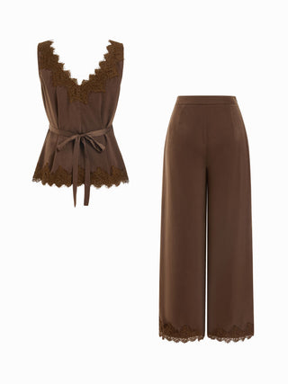 Satin V-Neck Lace Trim Wrap Top & Mid Rise Wide Leg Trousers Set