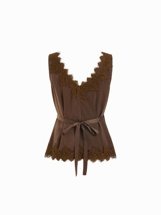 Satin V-Neck Lace Trim Wrap Top & Mid Rise Wide Leg Trousers Set