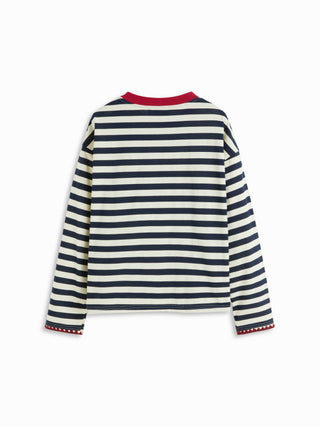 Cotton-blend Stripe Contrasting Binding Oversized Long Sleeve Tee