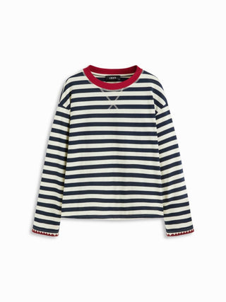 Cotton-blend Stripe Contrasting Binding Oversized Long Sleeve Tee