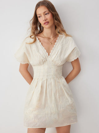 Cotton V-neck Batwing Sleeve Eyelet Flared Mini Dress