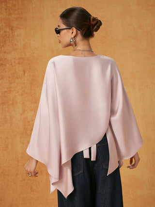 Satin Boat Neck Bell Sleeve Asymmetrical Blouse