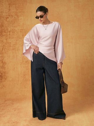 Satin Boat Neck Bell Sleeve Asymmetrical Blouse